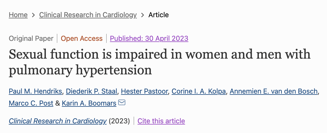 A study investigating how intimacy is affected by pulmonary hypertension, initiated by the Board of the Dutch Pulmonary Hypertension Association, was published in “Clinical Research in Cardiology” on April 30, 2023