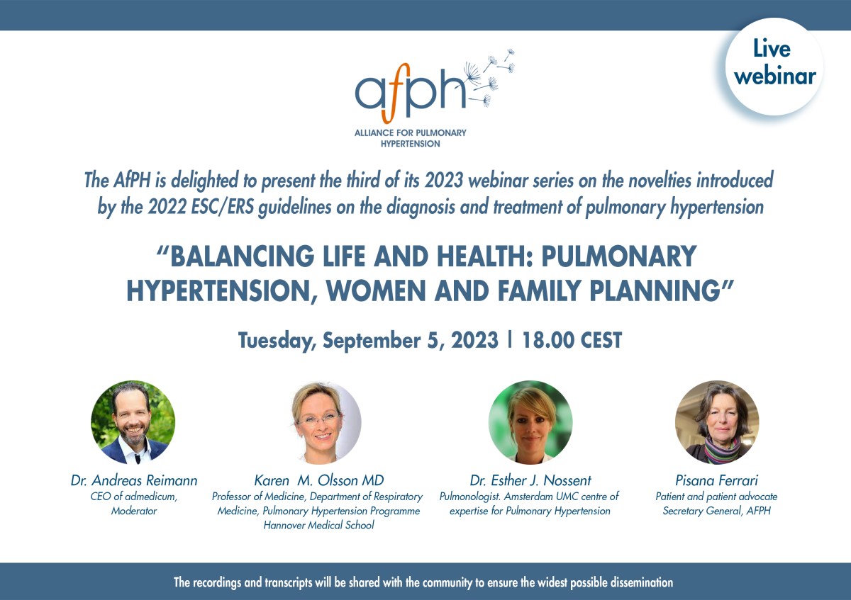 Announcing our next webinar on “Balancing life and health: Pulmonary Hypertension, women and family planning”, September 5, 2023 at 18:00 CEST