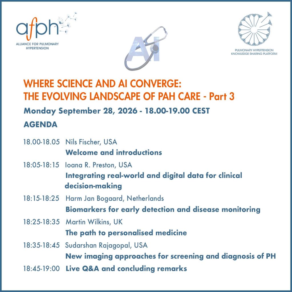Event agenda for 'Where Science and AI Converge: The Evolving Landscape of PAH Care - Part 3', scheduled for September 28, 2026, detailing speakers and topics.