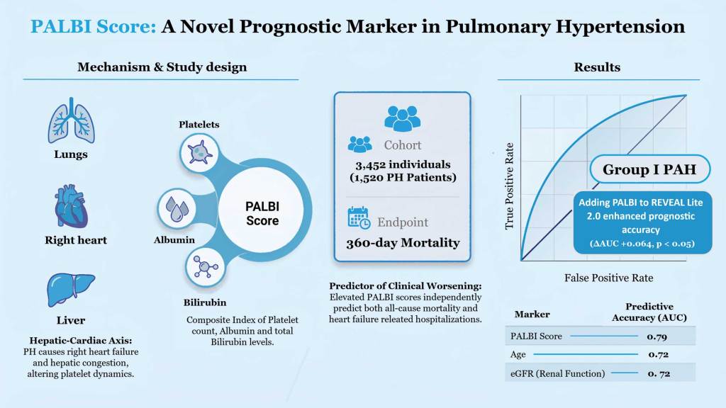 Infographic on the PALBI Score, a prognostic marker in pulmonary hypertension, detailing its mechanism, study design, and results with graphs showing predictive accuracy and factors affecting mortality.